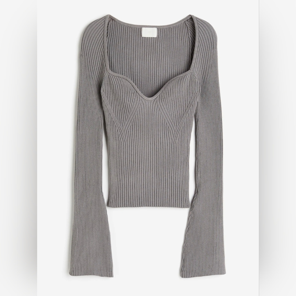 BNWT H&M Rib-knit L Bell Sleeve Sweetheart Neck Gray Sweater Minimalist Neutral - Picture 3 of 11